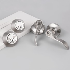 Probrico 3 Sets-Wave Style Entry Door Handle Set with Double Cylinder Deadbolt in Satin Nickel Finish, Keyed on Both Sides, All Keyed Alike Combo Pack,