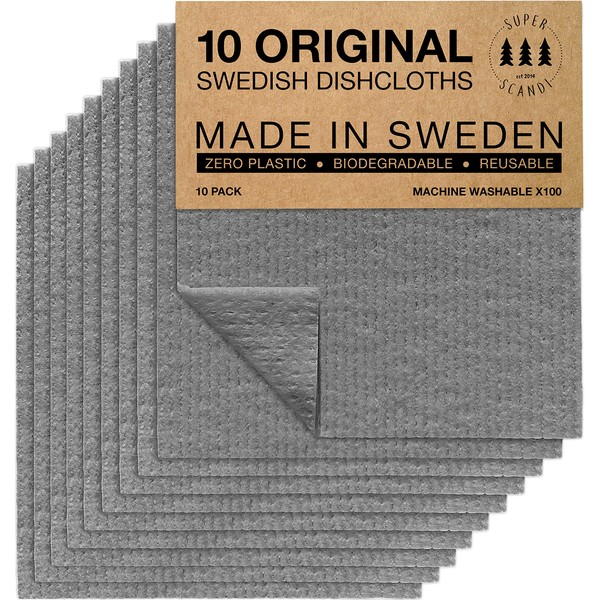 SUPERSCANDI Swedish Dishcloths for Kitchen Grey 10 Pack Reusable Compostable Kitchen Cloth Made in Sweden Cellulose Sponge Swedish Dish Cloths for Washing Dishes Reusable Paper Towels washable