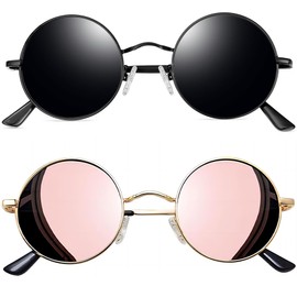 Joopin Round Sunglasses for Men, UV Protection Metal Frame Vintage Retro Circle Polarized Womens Mens Sunglasses (Black+Gold Pink Mirrored)