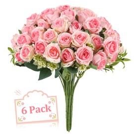 Ovveroche 6 Pack Pink Artificial Silk Roses Bouquets, UV Resistant Faux Flowers for Wedding, Grave Decor, Home Indoor & Outdoor Use