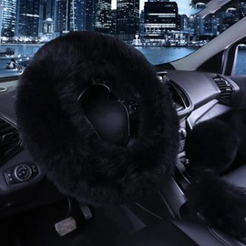 MAEZOE 3PCS Set Fluffy Wool Steering Wheel Covers with Handbrake Cover & Gear Shift Cover for Women/Girls/Ladies, 38CM (Black)