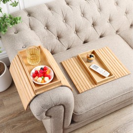 Beeveer 2 Pcs Bamboo Couch Arm Tray Armchair Sofa Arm Tray Clip on Sofa Armrest Tray Sustainable Couch Arm Table for Phone, Cups, Snacks, Drinks, Flexible and Foldable, Gift for Housewarming, Birthday