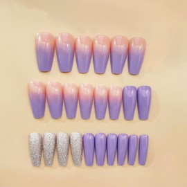 Purple Aurora Press on Nails Medium Ballet Shaped False Nails Glitter Sequins Design French Fake Nails Artificial Acrylic Nails Full Cover Glossy Reusable Coffin Nails Glue on Nails for Women