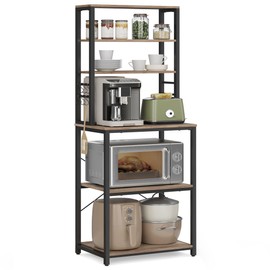 VASAGLE Coffee Bar, Baker’s Rack for Kitchen with Storage, 6-Tier Kitchen Shelves with 6 Hooks, Microwave Stand, Industrial, 15.7 x 23.6 x 65.7 Inches, Greige and Black UKKS024B02
