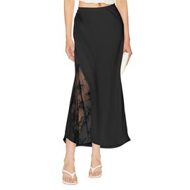 UEOIOW Floral Lace Patchwork Skirts for Women Long Length High Waist Satin Silk Elastic Skirt Black M