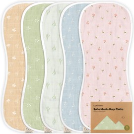 5-Pack Muslin Burp Cloths Baby Boy, Girl - Very Absorbent Baby Burp Cloth Rags, 8-Layers Viscose Derived from Bamboo Cotton Muslin Towel, Super Soft Spit Up Rags, No Shrink Washcloths (Wild Bloom)