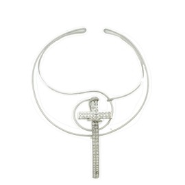 TFJ Women Elegant Look Fashion Choker Necklace Silver Metal Short Strand Big Bling Cross Pendant Charm