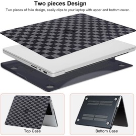 Checkered Case for MacBook Pro 13 Inch 2025-2016 M2 M1 A2338 A2289 A2251 A2159 A1989 A1706 A1708, Classy Luxury Textured Checker Checkerboard Grid PU Leather Hardshell & Keyboard Cover, Blue Grey