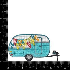 Sumao Happy Camper - Recreation/Camping - Vintage Travel Trailer - Forest/Woods - Embroidered Iron on Patch.