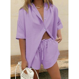 Fixmatti Women 2 Piece Beach Outfit Coverups Blouse and Shorts Set Summer Sweatsuit Purple M