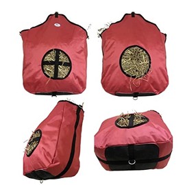 Majestic Ally Nylon Hay Feeder Tote Bag for Horse, Goat, Sheep - Double Sides Open Feed Hole with Faux Leather Ventilated Bottom- Premium Quality -Simulates Grazing - Reduces Waste (RED)