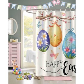 TweetyBed Easter Shower Curtains Eggs Flowers Branch Waterproof Bath Curtain Watercolor Butterfly Bathroom Curtain with Hooks Polyester Fabric Easter Holiday Decoration 72 x 72 Inches