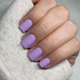 Lilac Press On Nails Short Square, KXAMELIE Natural Gel Nails Glue on Acrylic Nails Press ons Featured Protective Coat Thick Reusable Fake Nails Solid Color 24 Short Coffin Artificial Nails