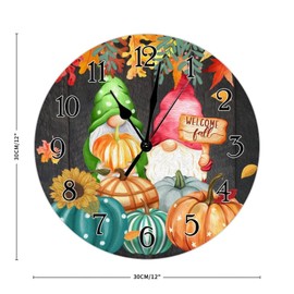Vintage Retro Round Wall Clock Welcome Fall Pumpkin Gnome Sunflower Art Clock Fall Gift Thanksgiving Clock Battery Operated Quartz Silent Wood Clocks for Home Office School 12inch