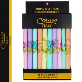 Caruso Italy Women's Embroidered 100% Pure Cotton Handkerchief Multicolor - Pack of 10