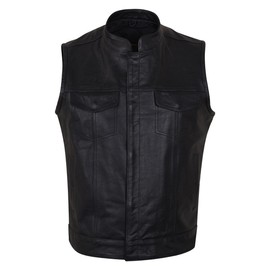 Men’s SOA Black Leather Motorcycle Vest with CCW Pocket, Premium Biker Club Vest with Zipper and Snap Front Closure (X-Large)
