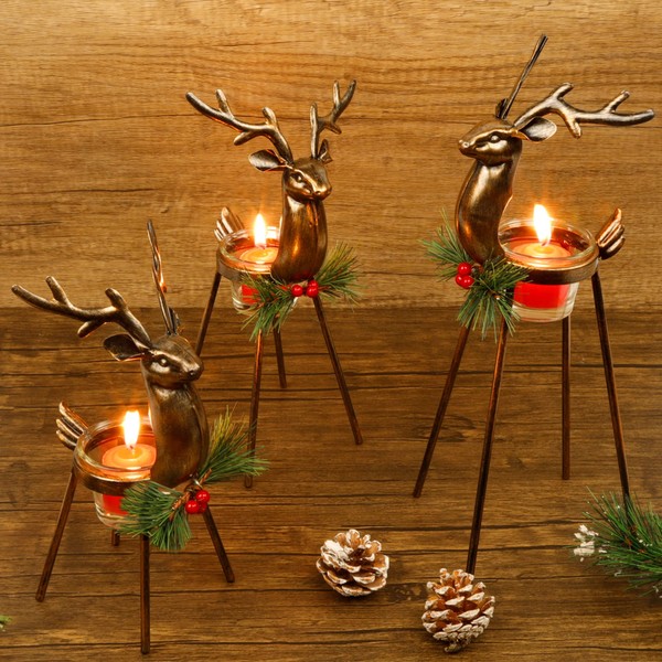 Juegoal Set of 3 Reindeer Tealight Candle Holders, Standing Iron Metal Christmas Decorations, Glass Votive Candle Holder, Durable and Rust-Proof Holiday Tabletop Centerpiece and Display