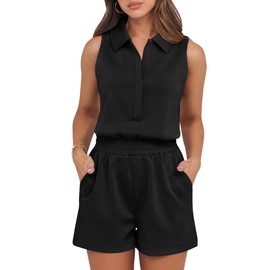 ANRABESS Romper for Womens 2025 Summer Dressy Casual Sleeveless V Neck One Piece Short Jumpsuit Lounge Travel Outfits Clothes Black Medium