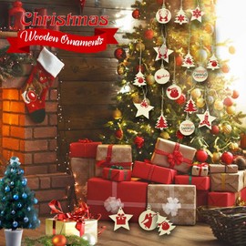 AFASOES Pack of 30 Wooden Pendants Christmas Tree Discs Crafts with 30 String Natural Wood Discs Christmas Wooden Stars Christmas Tree Pendant for Painting Christmas Tree Decoration Wood for Christmas