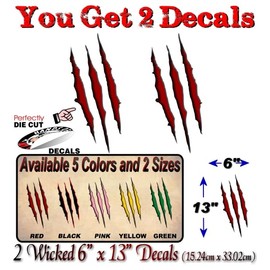 2 Red Ripped Claw Marks 13" Vinyl Sticker Decals Jurassic Dinosaur Monster Raptor Scratches Park Claws Decal Stickers (2 Decals - Red 13'')