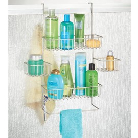 mDesign Steel Over The Door Shower Caddy - Hanging Shower Organizer Rack w/ 4 Baskets, 2 Hooks - in-Shower Hanging Caddy for Bathroom - Over Door Shower Caddy Hanger - Klypon Collection - Matte Satin