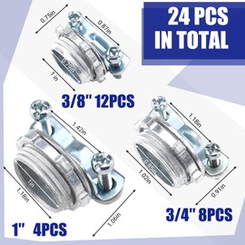 Hicarer 24 Pcs Clamp Type Cable Connectors 1" 3/4" 3/8" Electrical Box Connectors Wire Clamp for Metallic Conduit Protect Cables Silver, Zinc Alloy