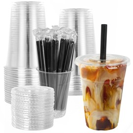 lucdnc 25 Sets - 16oz Disposable Clear Plastic Cups with Lids and Smoothies Straws Party Drinking Cups for Milkshakes,Cold Coffee