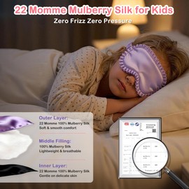 Kids Silk Sleep Mask, 22 Momme 100% Mulberry Silk Eye Mask for Sleeping with Storage Bag, Adjustable Strap Blackout Eye Cover, Cute Ruffle Soft No Pressure Eye Shade for Boys Girls Ages 5+ (Purple)