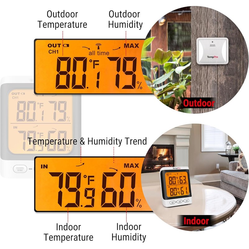TempPro Indoor Outdoor Thermometer Wireless, 500 ft Outside Thermometer with