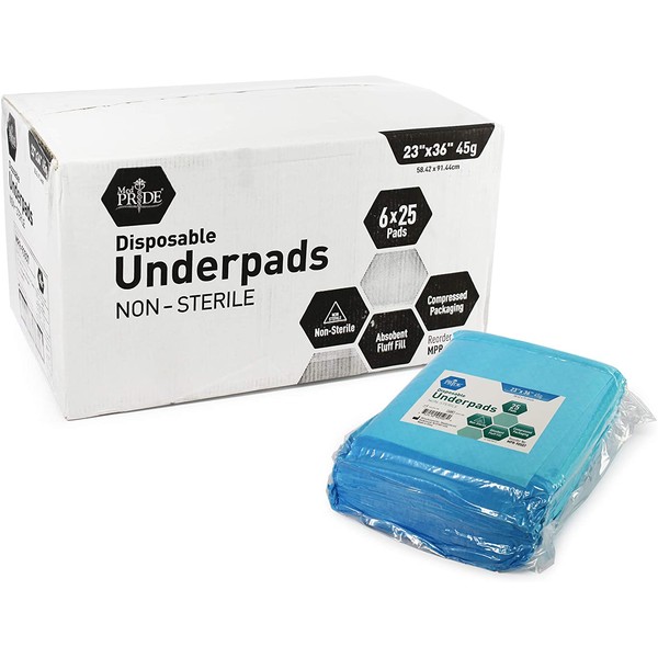 Medpride Disposable Underpads 23'' X 36'' (150-Count) Incontinence Pads, Chux, Bed Covers, Puppy Training | Thick, Super Absorbent Protection for Kids, Adults, Elderly | Liquid, Urine, Accidents
