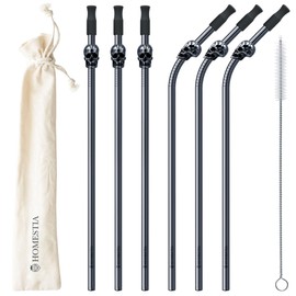 Homestia 6PCS Reusable Drinking Straws, 10.5" Skull Stainless Steel Straws, 20oz 30oz Tumbler Straws, Metal Straws with Silicone Tips and Cleaning Brush Set of 3 Straight and 3 Bent Black