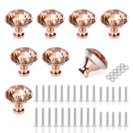 IGNPION 8Pcs Crystal Glass Cabinet Knobs 40mm Diamond Cut Drawer Handle Knob Decorative Cupboard Door Pull Handles for Bedside Cabinet, Dresser and Chest Furniture, Rose Gold