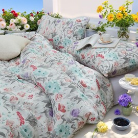 Merryword Floral Comforter Queen Size, 100% Cotton Comforter Red Purple Green Floral Patten Botanical Soft Garden Pastoral Reversible Bedding Sets 3Pcs