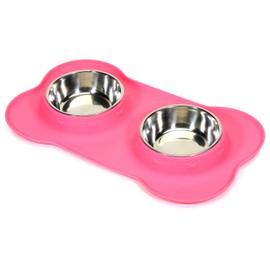 AsFrost Dog Food Bowls Stainless Steel Pet Bowls & Dog Water Bowls with No-Spill and Non-Skid, Feeder Bowls with Dog Bowl Mat for Dogs Cats and Pets-Pink, 24 0z in Total