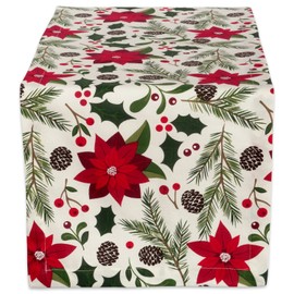 DII Woodland Holly Christmas Holiday Kitchen & Table Décor, Table Runner, 14x72, Poinsettia & Christmas Greenery