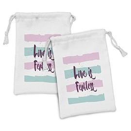 Ambesonne Romantic Fabric Pouch Set of 2, Love is Fearless Inspirational Inscription on Pastel Color Bands, Small Drawstring Bag for Toiletries Masks and Favors, 9" x 6", Mint Green Pale Pink