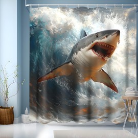 JINGYOU Shower Curtain, 180 x 200 cm, Shower Curtain Textile Washable, Shower Curtain with Weight, Quick Drying, Bath Curtain, Shower Curtain for Bathtub and Bathroom, Shark Pattern (180 x 200 cm)