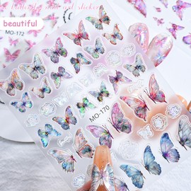 Butterfly Nail Stickers for Nail Art 3D Self Adhesive Shiny Rhinestone Design Pink Blue Butterfly Sticker Holographic Butterflies Nail Decals DIY Manicure Decoration for Women Salon Nail Art Supplies