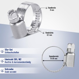 Poppstar Hose Clamps Stainless Steel 12-20 mm with Strap Width 9 mm W2 Quality (Pack of 12)