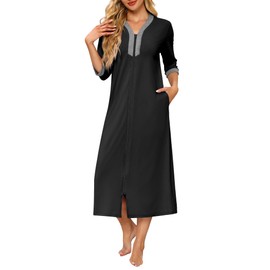 Ekouaer Women's Zipper Robe 3/4 Sleeves Housecoat Full Length Nightgown Soft Loungewear Robe with Pockets(Black, Large)