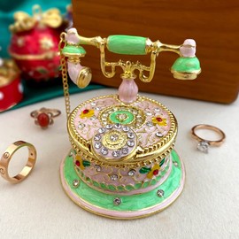 JingShiY Vintage Telephone Jewelry Trinket Box Metal Enameled Figurines Collectible Ring Holder Storage Organizer Home Decor Wedding Christmas Gift