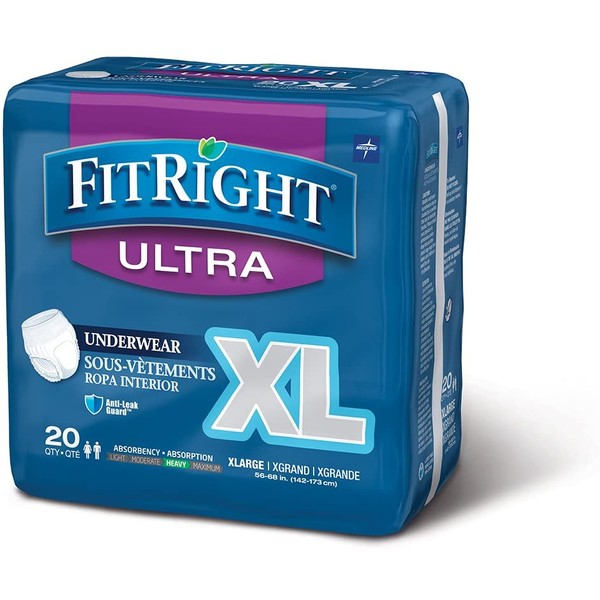 Medline Fitright Ultra Protective Underwear, X-Large, 4 packs of 20 (80 total)