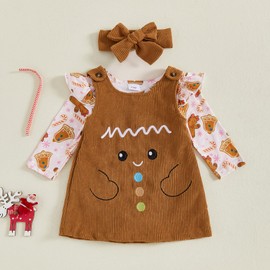 Baby Girl Christmas Outfit Snowman/Gingerbread Ruffle Long Sleeve Romper Overall Dress Headband Cute Fall Clothes (Khaki Gingerbread Man, 3-6 Months)