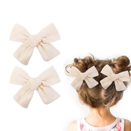 2Pcs Hair Bows for Girls, 3.2 Inch Baby Bows Hair Clips Beige Bow Hair Clips for Toddler Girls