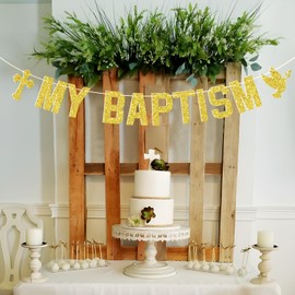My Baptism Banner, Spanish Mi Bautizo, God Bless, Enagegment/Christening/Baby Shower/Wedding Party Decorations Supplies - Gold Glitter