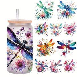 5pcs Dragonfly Floral Flower Leaf UV DTF Cup Wraps Transfer Waterproof Sticker for Glass Cups Furniture Craft DIY Crafts，Rub on Transfer Stickers for DIY Water Bottle Laptop Decal Wood Car