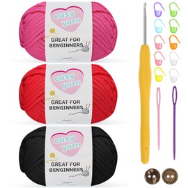 Crochet Yarn Chunky Yarn Thick Yarn for Crochet Chunky Wool for Crochet 3x50g Crochet Yarn for Beginners Amigurumi Yarn Cotton Yarn with 3.5mm Crochet Hook Crochet Starter Kit (Black+Pink+red)