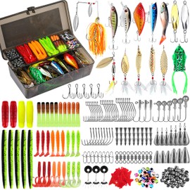 PLUSINNO 292pcs Fishing Accessories Kit, Fishing Tackle Box with Tackle Included, Fishing Hooks, Fishing Weights, Spinner Blade, Fishing Gear for Bass, Bluegill, Crappie