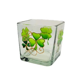 Green Shamrock Four Leaf Clover Hand Painted Stained Glass Square Candle Holder St Patrick's Day Decor