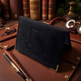 Velluci Pelle Genuine Leather Slim Credit Card Holder, Oyster Card Holder,License Holder, ID Holder (Black Owl)